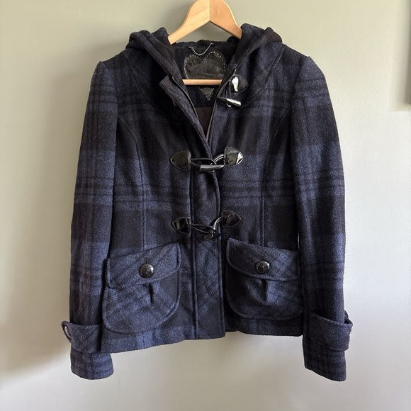 Guess Black and Gray Plaid Toggle Coat - Picture 1 of 7